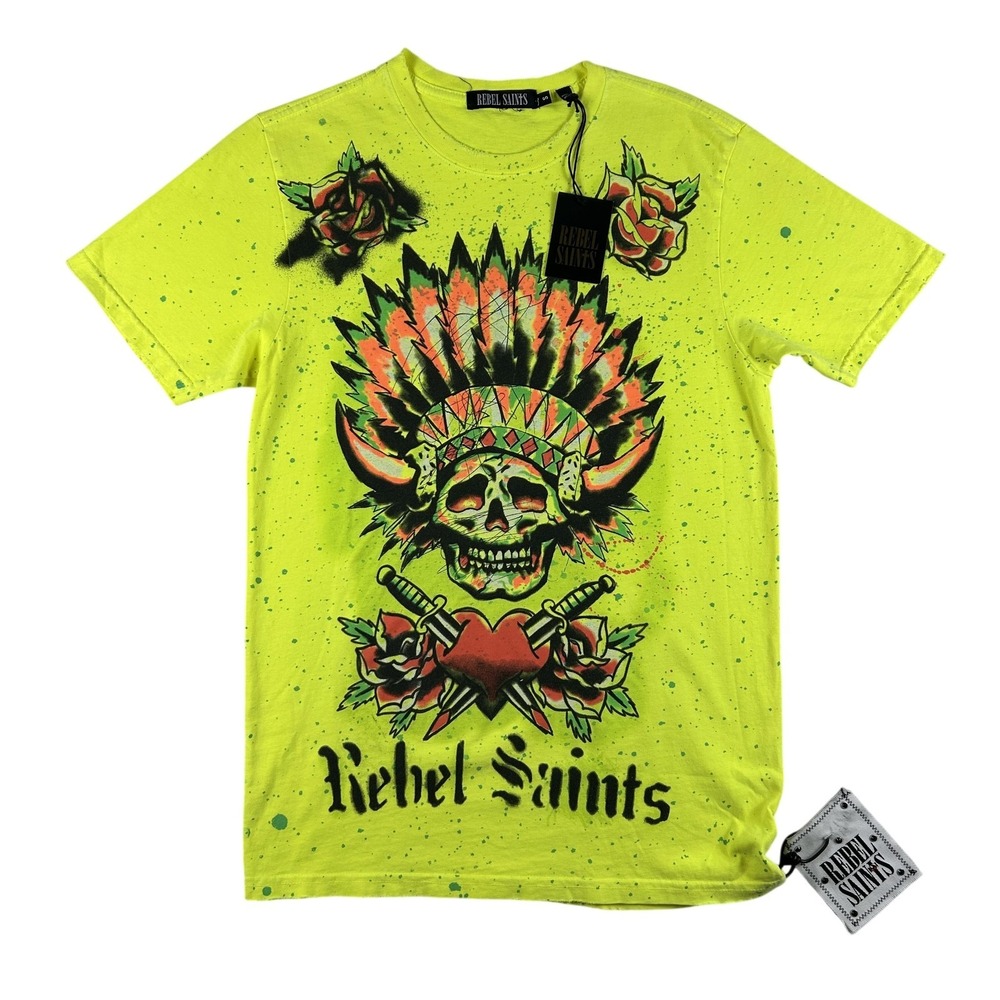 Rebel Saints By Affliction Shirt Mens Small Neon Skull Headdress Roses Graphic